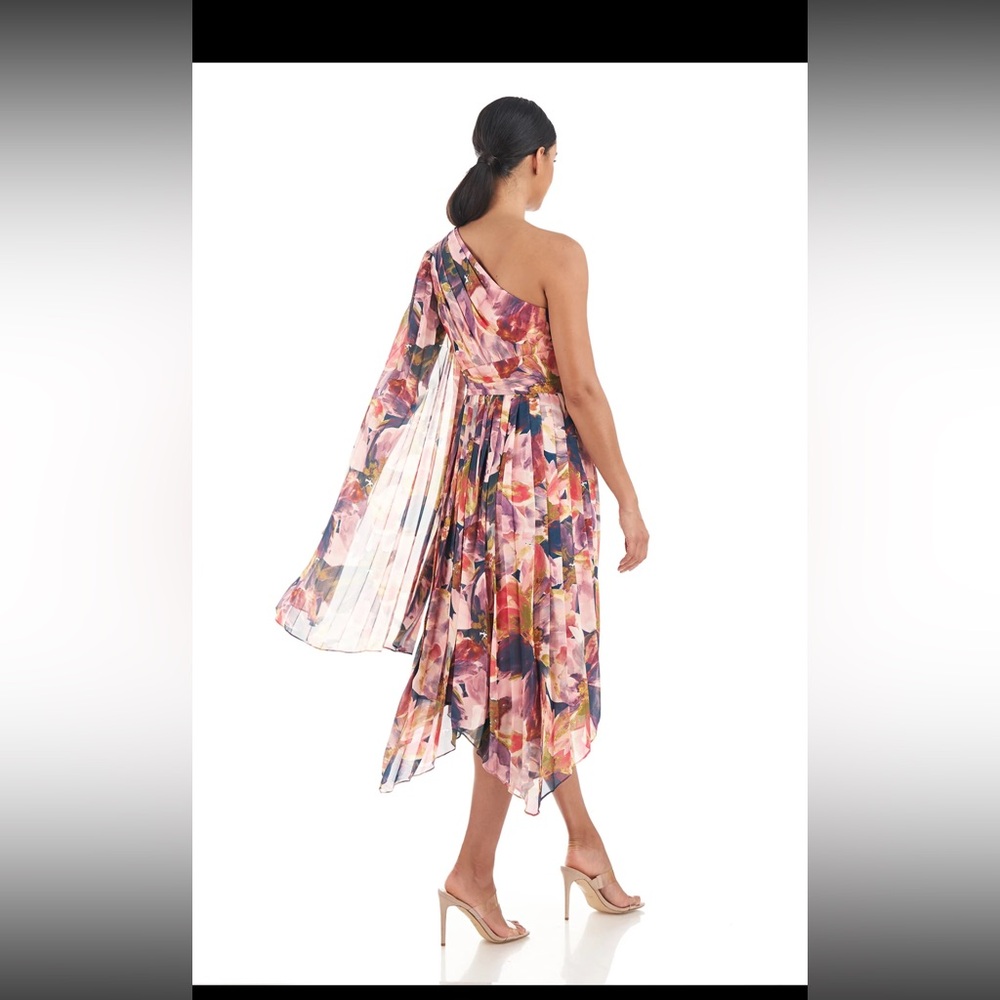 Kay Unger Lilah Tea Length Floral One-Shoulder Dress - Picture 8 of 12